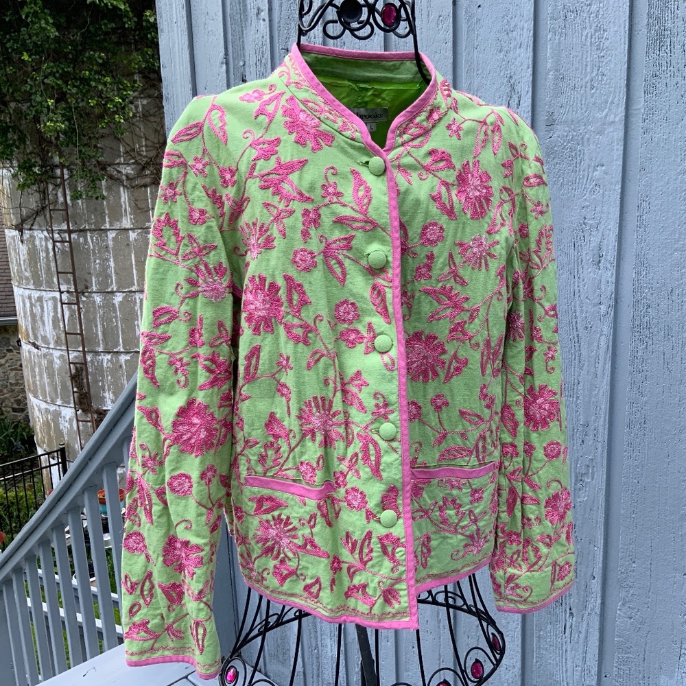 David Brooks Green and Pink Embroidery Button Front Jacket (Size L)